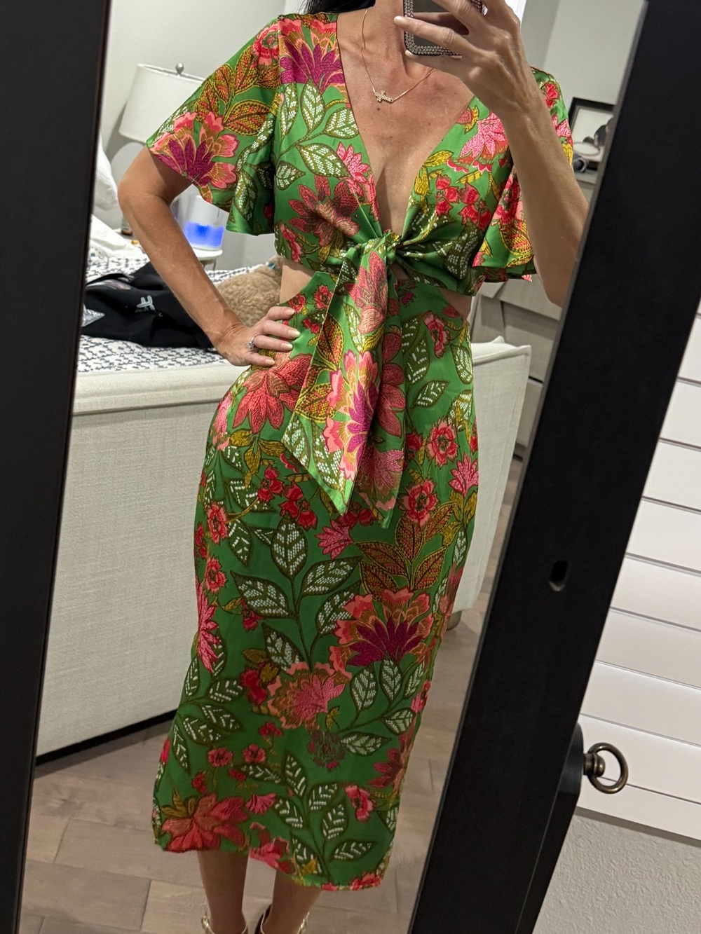 Sugarlips Green Floral Tie-Front Midi Vacation Tropical Dress XS
